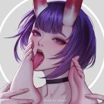  1girl artist_name bangs barefoot black_choker chaos_(pixiv3726393) choker eyelashes eyeshadow fate/grand_order fate_(series) feet fingernails foot_licking half-closed_eyes licking looking_at_viewer makeup oni_horns open_mouth pink_lips purple_eyes purple_hair short_hair shuten_douji_(fate/grand_order) solo toenails toes tongue tongue_out two-tone_background upper_body 