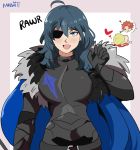  1girl 2boys absurdres armor black_eyepatch blonde_hair blood blood_stain blue_eyes blue_hair blush breasts byleth_(fire_emblem) byleth_(fire_emblem)_(female) cape chibi chibi_inset cosplay dimitri_alexandre_blaiddyd dimitri_alexandre_blaiddyd_(cosplay) eyepatch fire_emblem fire_emblem:_three_houses fur_trim gao gloves happy heart highres karbuitt large_breasts long_hair long_sleeves looking_at_viewer multiple_boys nosebleed open_mouth paw_pose red_hair short_hair signature simple_background smile sylvain_jose_gautier timeskip white_background 