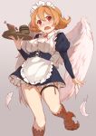  1girl apron bangs bird_legs black_dress blush breasts brown_hair chicken_leg collared_shirt commentary_request cup dress eyebrows_visible_through_hair feathered_wings feathers frilled_apron frills hair_between_eyes hand_up harpy highres holding holding_tray ishuzoku_reviewers juliet_sleeves large_breasts long_sleeves looking_at_viewer maid maid_headdress meidri monster_girl mug open_mouth puffy_sleeves red_eyes shirt short_hair solo standing standing_on_one_leg taka_(0taka) thigh_strap tray v-shaped_eyebrows waist_apron white_apron white_feathers white_shirt white_wings wings 