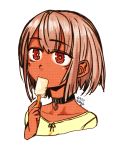  1girl black_choker bright_pupils choker cropped_torso dark_skin dated eating eyebrows_visible_through_hair food green_shirt grey_hair holding kotoba_noriaki light_blush original popsicle red_eyes shirt short_hair signature simple_background solo tan white_background 