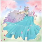  1girl blue_dress blue_sky border breasts cherry_blossoms cleavage closed_eyes commentary_request curly_hair dragon_quest dragon_quest_v dress flute hair_ribbon hatori_naruyoshi holding holding_instrument instrument long_dress long_hair medium_breasts music petals playing_instrument pointy_ears powan purple_hair ribbon sky solo tiara tree very_long_hair white_border 