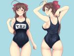 1girl ass back backboob blush breasts brown_hair collarbone hair_ornament hair_ribbon kantai_collection large_breasts long_hair looking_at_viewer looking_back mamiya_(kantai_collection) multiple_views name_tag one-piece_swimsuit open_mouth ponytail ribbon school_swimsuit shingyo simple_background solo swimsuit 