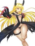  1girl :d ass_visible_through_thighs bangs barefoot black_gloves black_panties blonde_hair breasts center_opening claws dark_persona eyebrows_visible_through_hair foreshortening gloves hair_intakes highres horns konjiki_no_yami long_hair looking_at_viewer navel no_bra open_mouth panties red_eyes revealing_clothes shunbou simple_background small_breasts smile solo thigh_gap thigh_strap thighs to_love-ru to_love-ru_darkness underwear very_long_hair white_background 