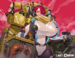  1girl absurdres blush bodysuit breasts copyright_name gloves gun highres huge_breasts ignis_(last_origin) last_origin m_(mhws) mecha nipples open_mouth pubic_hair pussy red_eyes red_hair robot see-through shiny shiny_clothes shiny_hair short_hair smoke smoking_gun sohn_woohyoung tight tomboy weapon 