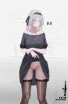  1girl absurdres an-94_(girls_frontline) ass_visible_through_thighs bandaid bandaid_on_pussy black_legwear blush breasts dress dress_lift girls_frontline grey_hair groin highres jewelry lifted_by_self long_hair necklace purple_eyes regenerate-x solo sweat thighhighs 