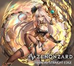  1girl arm_up black_gloves bracer breasts cleavage company_name copyright_name gloves green_eyes hair_between_eyes hair_bun high_heels highres holding holding_sword holding_weapon large_breasts long_hair matsumoto_mitsuaki navel official_art solo sword thighhighs weapon white_hair yellow_eyes zenonzard 