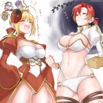  2girls ^_^ ^o^ ahoge anger_vein beans blonde_hair blush boudica_(fate/grand_order) braid breasts brown_hair caligula_(fate/grand_order) cleavage clenched_hand closed_eyes dress epaulettes fate/extra fate/grand_order fate_(series) hands_on_hips highres julius_caesar_(fate/grand_order) laurel_crown mask mask_on_head multiple_girls navel nero_claudius_(fate) nero_claudius_(fate)_(all) ponytail puffy_sleeves purple_hair red_hair revealing_clothes romulus_(fate/grand_order) setsubun shrug_(clothing) thigh_strap trembling yayoimaka03 
