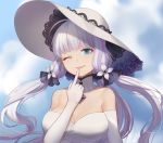  1girl azur_lane blue_eyes blue_sky blush breasts cleavage dress elbow_gloves gloves hair_ornament hat highres illustrious_(azur_lane) jiantai large_breasts long_hair looking_at_viewer mole mole_under_eye one_eye_closed ribbon sky smile solo sun_hat white_dress white_gloves white_hair 