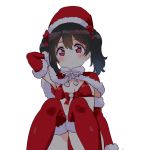  1girl bikini black_hair blush capelet elbow_gloves fur-trimmed_capelet fur_trim gloves hat knees_up kurokawa_makoto long_hair looking_at_viewer love_live! love_live!_school_idol_project red_bikini red_capelet red_eyes red_gloves red_headwear red_legwear santa_bikini santa_hat simple_background sitting solo swimsuit thighhighs twintails white_background yazawa_nico 