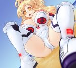 1girl alloyrabbit bare_shoulders blonde_hair blush breasts cleavage collar eyebrows_visible_through_hair giantess highres kami_jigen_game_neptune_v large_breasts leotard long_hair neptune_(series) open_mouth orange_eyes power_symbol smile solo symbol-shaped_pupils thighhighs white_legwear yellow_heart 