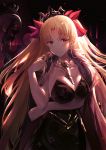  1girl bangs between_breasts black_cape black_dress blonde_hair blush breasts cape closed_mouth collarbone commentary_request dress earrings ereshkigal_(fate/grand_order) eyebrows_visible_through_hair fallen_heaven fate/grand_order fate_(series) hair_ribbon hand_up highres infinity jewelry long_hair looking_at_viewer medium_breasts parted_bangs red_eyes red_ribbon ribbon skull smile solo spine strapless strapless_dress tiara two_side_up very_long_hair 