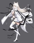  1girl animal_ears arknights arrow boots bow_(weapon) breasts dated floating_hair from_side full_body grey_background high_heel_boots high_heels highres holding holding_arrow holding_bow_(weapon) holding_weapon large_breasts leg_up long_hair long_sleeves looking_at_viewer no_bra platinum_(arknights) shirt short_shorts shorts sideboob signature simple_background solo standing standing_on_one_leg thigh_boots thighhighs twitter_username unel weapon white_hair white_shirt white_shorts yellow_eyes 