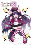  animal_ear_fluff animal_ears arms_up black_hair black_skirt blue_eyes brave_sword_x_blaze_soul candy chain claw_pose commentary_request copyright_name cuffs food fox_ears fox_tail full_body hat highres jacket knees_together_feet_apart lollipop long_hair miniskirt morino_donguri multiple_tails open_mouth original print_shirt purple_footwear purple_headwear purple_jacket shirt shoes shouting shrt simple_background skirt striped striped_legwear tail thighhighs thighs very_long_hair white_background white_shirt 