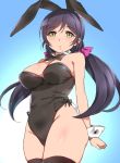  1girl :o animal_ears bangs bare_hips bare_shoulders black_bow black_hair black_hairband black_legwear black_leotard black_neckwear black_ribbon blue_background blush bow bowtie breasts bunny_ears bunny_tail bunnysuit cleavage detached_collar deyuuku eyebrows_visible_through_hair fake_animal_ears fake_tail gradient gradient_background green_eyes hair_ornament hair_scrunchie hairband highleg highleg_leotard large_breasts leotard long_hair looking_at_viewer love_live! love_live!_school_idol_project low_twintails parted_bangs parted_lips ribbon scrunchie side-tie_leotard solo strapless strapless_leotard tail thighhighs thighs toujou_nozomi twintails very_long_hair wrist_cuffs 