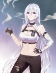  1girl armlet armpits azur_lane bandaged_arm bandages bangs bare_shoulders black_gloves black_pants blood bloody_bandages breasts choker cigarette cleavage collarbone crop_top english_commentary eyebrows_visible_through_hair gloves hair_between_eyes hand_on_own_stomach highres large_breasts long_hair midriff mole mole_under_eye multiple_straps navel pants parted_lips police_badge red_eyes scar smoking sovetskaya_rossiya_(azur_lane) sovetskaya_rossiya_(the_lackadaisical_lookout)_(azur_lane) standing suprii thigh_strap torn_clothes torn_pants very_long_hair white_tank_top 