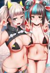  2girls bangs black_hair blue_eyes blue_hair breasts cleavage collarbone commentary_request eyebrows_visible_through_hair fang fate_(series) ginhaha grey_hair hair_ornament hairclip highres kaguya_luna large_breasts long_hair looking_at_viewer multicolored_hair multiple_girls navel open_mouth red_hair sailor_collar sei_shounagon_(fate) silver_hair smile the_moon_studio twintails virtual_youtuber yellow_eyes 