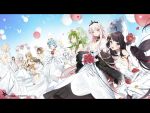  6+girls alternate_costume backless_dress backless_outfit balloon black_hair blush bouquet breasts bridal_veil brown_hair cake character_request cleavage dress flower food girls_frontline green_hair grizzly_mkv_(girls_frontline) highres kar98k_(girls_frontline) m950a_(girls_frontline) mod3_(girls_frontline) multiple_girls official_art stechkin_(girls_frontline) veil wedding_dress white_hair zas_m21_(girls_frontline) 