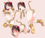  1girl all_fours animal_ears animal_print ass bare_shoulders black_hair boots bow bowtie cat_ears cat_tail cropped_legs detached_collar detached_sleeves gloves hair_bow kurokawa_makoto leopard_print long_hair love_live! love_live!_school_idol_project multiple_views navel open_mouth pink_background red_eyes red_neckwear simple_background stomach strapless tail thighhighs twintails yazawa_nico yellow_footwear yellow_gloves yellow_legwear 