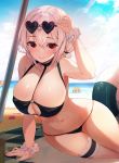  1girl absurdres arm_support arm_up azur_lane bare_shoulders beach beach_mat bikini black_bikini breasts cleavage collarbone day eyewear_on_head halter_top halterneck heart heart-shaped_eyewear highres large_breasts leg_garter looking_at_viewer munseonghwa navel o-ring o-ring_bikini ocean outdoors red_eyes scrunchie shade short_hair sirius_(azur_lane) sirius_(midsummer_seirios)_(azur_lane) sitting smile solo starfish stomach string_bikini sunglasses sunlight swimsuit thighs white_hair wrist_scrunchie yokozuwari 