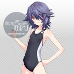  1girl alternate_breast_size artist_name black_swimsuit character_name commentary_request competition_swimsuit cowboy_shot flat_chest gradient gradient_background inaba_shiki kantai_collection looking_at_viewer one-piece_swimsuit polka_dot polka_dot_background purple_hair short_hair solo standing swimsuit tenryuu_(kantai_collection) yellow_eyes 