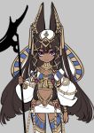  1girl animal_ears ankh anubis_(westxost) arm_at_side big_hair bracelet brown_hair closed_mouth collar contrapposto cowboy_shot dark_skin diadem earrings ears_up grey_background highres holding jackal_ears jewelry long_hair long_sleeves looking_at_viewer navel original puffy_long_sleeves puffy_sleeves purple_eyes simple_background solo staff standing thighhighs very_long_hair westxost_(68monkey) 