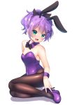  1girl :d agung_syaeful_anwar alternate_costume animal_ears azur_lane bare_shoulders blush bow bowtie breasts bunny_ears bunnysuit covered_navel detached_collar english_commentary fake_animal_ears fishnet_legwear fishnets full_body green_eyes hair_ornament hairclip high_heels javelin_(azur_lane) looking_at_viewer open_mouth pantyhose purple_hair simple_background sitting small_breasts smile solo white_background wristband yokozuwari 