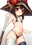  1girl alternate_costume bandaged_leg bandages bangs bikini black_bikini black_hair black_legwear blush breasts brown_hair bukkake collarbone commentary_request covered_nipples cum hat holding holding_staff kono_subarashii_sekai_ni_shukufuku_wo! long_hair looking_at_viewer megumin micro_bikini navel red_eyes simple_background single_thighhigh small_breasts solo staff swimsuit thighhighs toshishikisai white_background witch_hat 