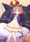  1girl animal_ear_fluff animal_ears bangs blue_bow blue_eyes blue_jacket blush bow brown_background brown_dress brown_hair cat_ears cat_girl cat_pillow cat_tail closed_mouth crown diagonal_stripes dress eyebrows_visible_through_hair feet_out_of_frame flower frilled_dress frills hair_bow hands_up highres idolmaster idolmaster_million_live! idolmaster_million_live!_theater_days jacket kemonomimi_mode long_sleeves lying on_back open_clothes open_jacket signature sleeves_past_wrists socks solo striped striped_tail suou_momoko tail tokenbox white_bow white_flower white_legwear 