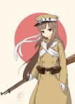  1girl absurdres arisaka belt_pouch bolt_action brown_hair chinese_commentary commentary_request flag_background flower gloves gun hair_flower hair_ornament hat highres holding holding_gun holding_weapon imperial_japanese_army japanese_flag long_hair looking_at_viewer military military_hat military_uniform orange_eyes original partial_commentary pouch rifle translation_request trench_coat type_38_rifle uniform weapon white_gloves youotaku 