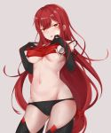  1girl :o absurdres ass_visible_through_thighs bangs bare_shoulders black_gloves black_legwear black_panties blush breasts clothes_lift cowboy_shot crimson_avenger_(elsword) elbow_gloves elesis_(elsword) elsword eyebrows_visible_through_hair gloves grey_background highres kaminarichyan large_breasts lifted_by_self long_hair looking_at_viewer low_twintails navel open_mouth panties red_hair simple_background stomach thighhighs twintails underboob underwear very_long_hair yellow_eyes 