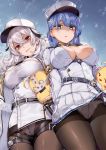  2girls arm_strap azur_lane bangs belt bird black_gloves blue_background blue_eyes blue_hair blush breasts brown_legwear buttons chapayev_(azur_lane) chick cleavage cleavage_cutout coat coat_dress commentary_request crossed_bangs crotch_seam food_print fur_trim gangut_(azur_lane) gloves gradient gradient_background hair_between_eyes hair_ornament hairclip hat hidebuu highres jacket long_hair long_sleeves looking_at_viewer manjuu_(azur_lane) military_hat mole mole_on_breast mole_under_eye multiple_girls object_on_head open_mouth panties panties_on_head panties_under_pantyhose pantyhose peaked_cap red_eyes shaded_face short_hair silver_hair skirt smile strawberry_print swept_bangs thigh_strap thighband_pantyhose thighs underwear upskirt white_coat white_headwear white_jacket white_panties white_skirt 