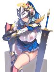  1girl angel angel_wings aqua_eyes aqua_hair breasts commentary_request covered_nipples curvy greaves halo helmet highres knight large_breasts long_hair masao original pauldrons plump revision see-through skirt solo sword weapon white_background wings 