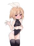  1girl arm_up black_legwear black_leotard blonde_hair blush breasts breasts_outside covered_navel highres leaning_forward leotard morino_donguri nipples original red_eyes ribbon short_hair simple_background small_breasts solo thighhighs thighs trembling white_background 