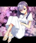  1girl black_ribbon breasts commentary_request dress fate/stay_night fate_(series) floral_print hair_between_eyes hair_ribbon heaven&#039;s_feel highres long_hair looking_at_viewer matou_sakura medium_breasts parted_lips purple_eyes purple_hair red_ribbon ribbon shimi_to_ufu shoes short_sleeves solo white_dress white_footwear 