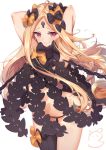  1girl abigail_williams_(fate/grand_order) arched_back armpits arms_behind_head arms_up ass_visible_through_thighs bangs black_bow black_legwear black_panties blonde_hair blush bow breasts closed_mouth fate/grand_order fate_(series) groin highres keyhole long_hair nahaki orange_bow panties parted_bangs polka_dot polka_dot_background red_eyes revealing_clothes signature simple_background single_thighhigh smile solo thighhighs underwear very_long_hair white_background 