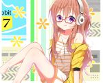  1girl :q bangs bare_legs barefoot blush brown_hair camisole closed_mouth commentary_request deyui english_text eyebrows_visible_through_hair feet_out_of_frame glasses gochuumon_wa_usagi_desu_ka? hair_between_eyes headphones hood hood_down hooded_jacket hoto_mocha jacket knees_up long_hair off_shoulder open_clothes open_jacket purple_eyes red-framed_eyewear short_shorts short_sleeves shorts sitting smile solo striped striped_camisole tongue tongue_out very_long_hair white_camisole white_shorts yellow_jacket 