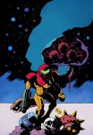  1girl blood clenched_hand dated facing_viewer hand_cannon hellboy_(comic) helmet highres metroid_(creature) mike_mignola_(style) power_armor rariatto_(ganguri) samus_aran signature skull standing 