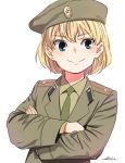  1girl alternate_costume bangs beret blonde_hair blue_eyes brown_headwear brown_jacket brown_shirt closed_mouth commentary crossed_arms dress_shirt emblem epaulettes eyebrows_visible_through_hair girls_und_panzer green_neckwear hat horikou insignia jacket katyusha_(girls_und_panzer) long_sleeves looking_at_viewer military military_hat military_uniform necktie shirt short_hair smile solo soviet_union uniform wing_collar 