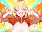  1girl ^_^ ^o^ ahoge bangs blonde_hair blush breasts cleavage closed_eyes double_v emotional_engine_-_full_drive epaulettes fate/extra fate/grand_order fate_(series) highres nero_claudius_(fate) nero_claudius_(fate)_(all) solo v yayoimaka03 