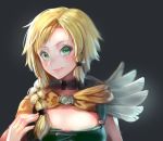  1girl bianca blonde_hair braid cape commentary_request dragon_quest dragon_quest_v dress green_dress green_eyes hair_over_shoulder long_hair looking_at_viewer single_braid smile solo starry_babe upper_body white_feathers 
