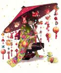  1girl bangs black_legwear blunt_bangs brown_hair candy closed_mouth commentary_request earrings floral_print flower food full_body furisode green_eyes hair_flower hair_ornament highres hinamatsuri holding holding_umbrella japanese_clothes jar jewelry kimono konpeitou looking_at_viewer oriental_umbrella original print_kimono short_twintails solo squatting stuffed_animal stuffed_bunny stuffed_cat stuffed_dog stuffed_toy teddy_bear thighhighs torino_enaga twintails umbrella white_background zouri 