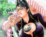  1girl amulet artist_request bayonetta bayonetta_(character) beehive_hairdo belt black_eyes black_hair breasts buckle candy chain cleavage commentary_request eating food highres house large_breasts lollipop mole mole_under_mouth parted_lips pursed_lips suggestive_fluid tree 