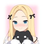  1girl abigail_williams_(fate/grand_order) artist_request bangs bare_shoulders black_ribbon blonde_hair blue_eyes collarbone commentary_request face fate_(series) hair_ribbon holding holding_stuffed_animal long_hair looking_at_viewer parted_bangs ribbon sleeves_past_fingers sleeves_past_wrists smile solo stuffed_animal stuffed_toy 