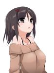  1girl absurdres bare_shoulders brown_eyes brown_hair brown_sweater hair_ornament hairclip highres morino_donguri off_shoulder open_mouth original short_hair simple_background solo sweater upper_body white_background 