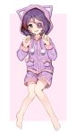  1girl animal_hood barefoot blush bow brown_eyes cat_hood drawstring eyepatch fang full_body hands_up hayasaka_mirei heart heart_eyepatch highres hood hood_up idolmaster idolmaster_cinderella_girls knees_together_feet_apart long_sleeves looking_at_viewer multicolored_hair open_mouth pink_background pom_pom_(clothes) purple_hair red_hair shone shorts simple_background solo streaked_hair two-tone_hair 