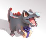  box creatures_(company) dated fangs game_freak gen_2_pokemon gift happy holding holding_box holding_gift looking_up nintendo no_humans pokemon pokemon_(creature) shadow sharp_teeth simple_background solo teeth totodile twarda8 white_background 