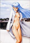  blue_hair blue_nails blush breasts coat kula_diamond legs long_hair long_legs nail_polish navel nipples nude one_eye_closed pussy saigadou small_breasts solo tan the_king_of_fighters thighs trench_coat uncensored 