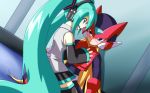  1boy 1girl android blonde_hair blue_hair blush crossover detached_sleeves hand_on_another&#039;s_chest hatsune_miku headphone helmet long_hair miniskirt rockman rockman_zero sitting skirt thighhighs twintails very_long_hair vocaloid zerosaber621 zettai_ryouiki 