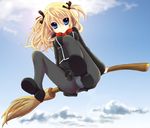  artist_request blonde_hair blue_eyes broom broom_riding cloud day flying long_hair panties panties_under_pantyhose pantyhose pantyshot quiz_magic_academy ribbon shalon sky solo striped striped_panties underwear upskirt 