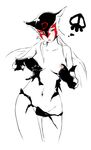  areolae bare_shoulders blue_eyes blush breasts covering covering_breasts doronjo frown gloves large_breasts lipstick long_hair makeup mask monochrome navel noise_(tsuzuki) sad sketch skull solo spot_color thigh_gap time_bokan_(series) torn_clothes yatterman 
